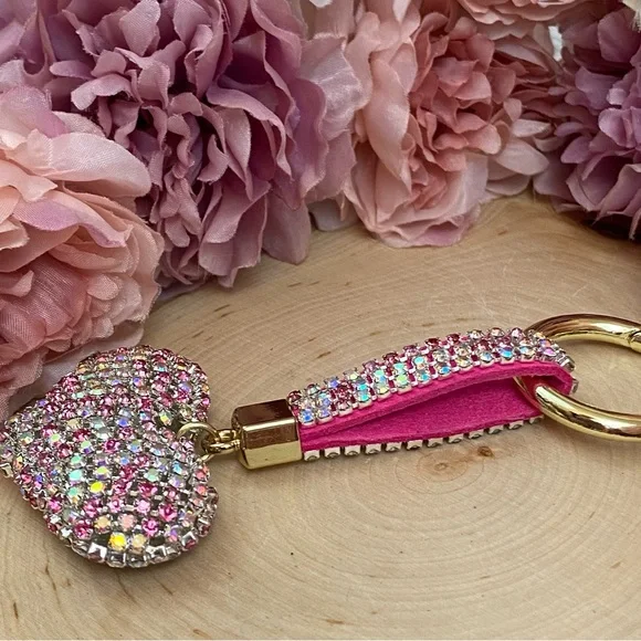 Chic Multicolor Pink Crystal & Leather Heart Keychain - Picture 9 of 11